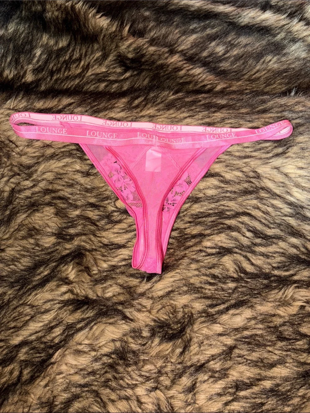 Lounge Pink Lace Thong With logo Waistband Size Large